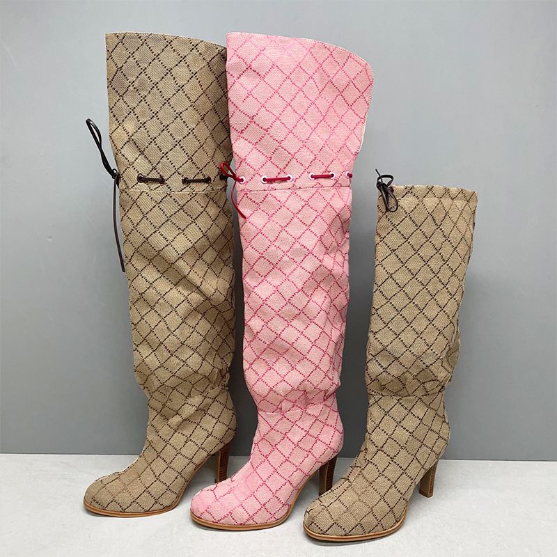 Women Designer Boots Over The Knee Boots Winter Long Boot Adjustable Straps Canvas Zipper Laces Original Shoes Ladies Girls Sexy High Boot 317 - 3 of 9
