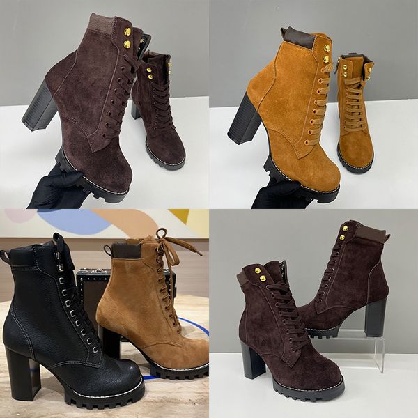 2026 Luxury Star Trail Ankle Boots Premium Women's Suede Calf Leather High-Heel Boot Camel Brown Chunky Block Heels Trendy Winter Footwear 1178 - Shoes & Accessories - kickcraft