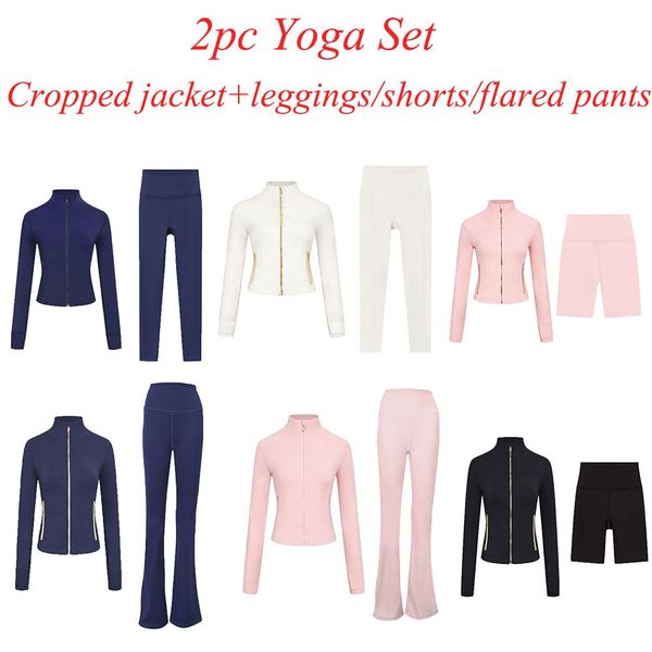 2Pc Gym Set Cropped Jacket Gym Clothe Woman Crop Jacket Women Leggings Run Short Workout Outfits Fitness Leggings for Woman Designer - Sports & Outdoors - kickcraft