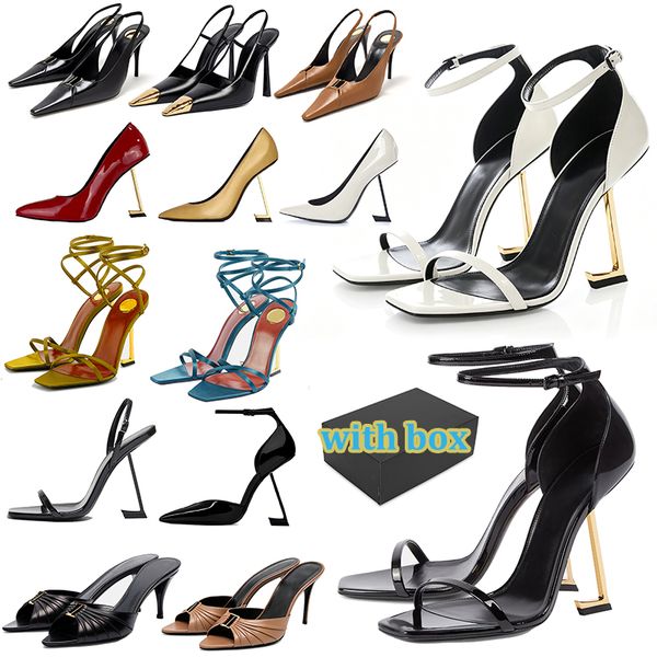 with box designer dress shoes Patent Leather Ankle Strap High Heels popular Sandals for Women Square Open Toe comfort Party Wedding Stiletto gold white - Shoes & Accessories - kickcraft