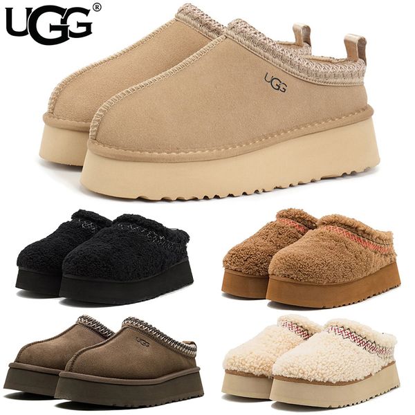 UGG Women's Tazz Platform Slippers Suede Curly Shearling Tribal Stitch Trim Slip On Warm Fur Lined Indoor Outdoor Winter Mule Slides Multiple colors - Shoes & Accessories - kickcraft