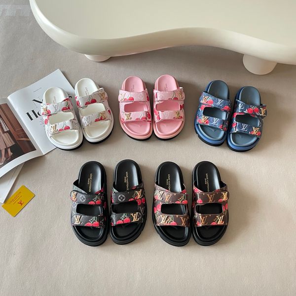 LV x TM Pool Pillow Flat Mule Cherry Print Platform Slide Sandals Women Adjustable Double Strap Metal Thick Sole Casual Outdoor Beach Couple Slippers Multiple colors - Shoes & Accessories - kickcraft