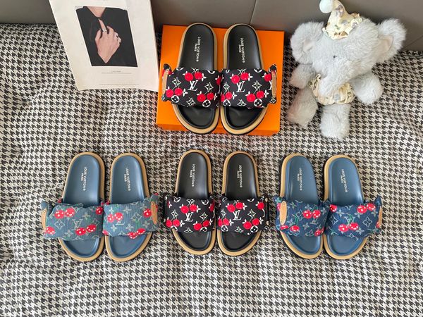 LV x TM Murakami Cherry Maya Sunset Flat Comfort Sandal Strap Platform Slide Sandals for Women Comfort Outdoor Beach Vacation Casual Slippers Multiple colors - Shoes & Accessories - kickcraft