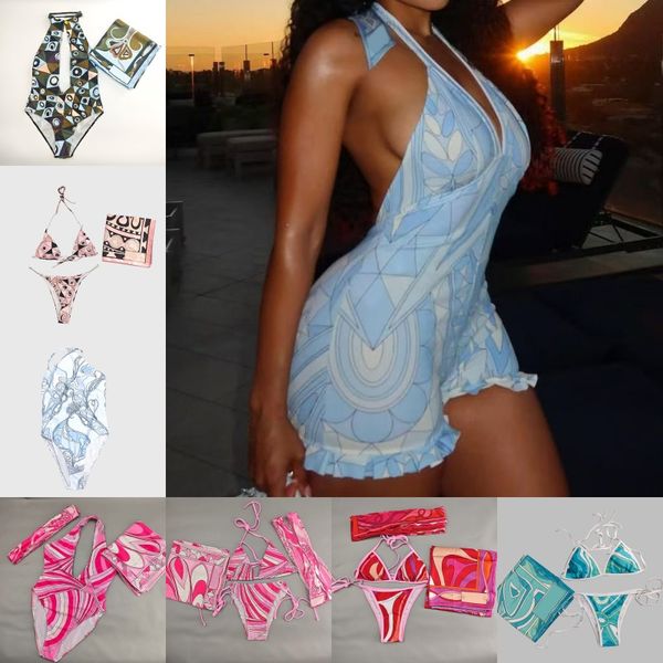Mixed Prints Bikini Swimwear Headband Scarf Designer Women Sexy V Neck Swimsuits Sarong Skirt Halter Sleeveless Beachwear Beach Holiday Bathing Suits Swimsuit - Apparel - kickcraft