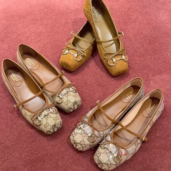 Horsebit Ballet Flat Shoes Designer Shoes Women Dress Fashion Luxury Suede Leather Stin Canvas Pig Nose Square Headbow Mary Jane Shoes - Shoes & Accessories - kickcraft