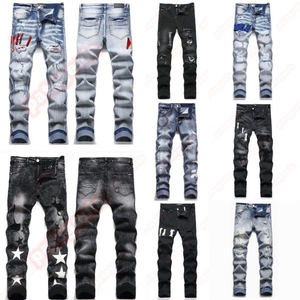 Mens Designer jeans Fashion Jeans European America Style Jean Streetwear Letter Embroidery Pants Patchwork Ripped For Motorcycle Pant Skinny Jeans - Apparel - kickcraft